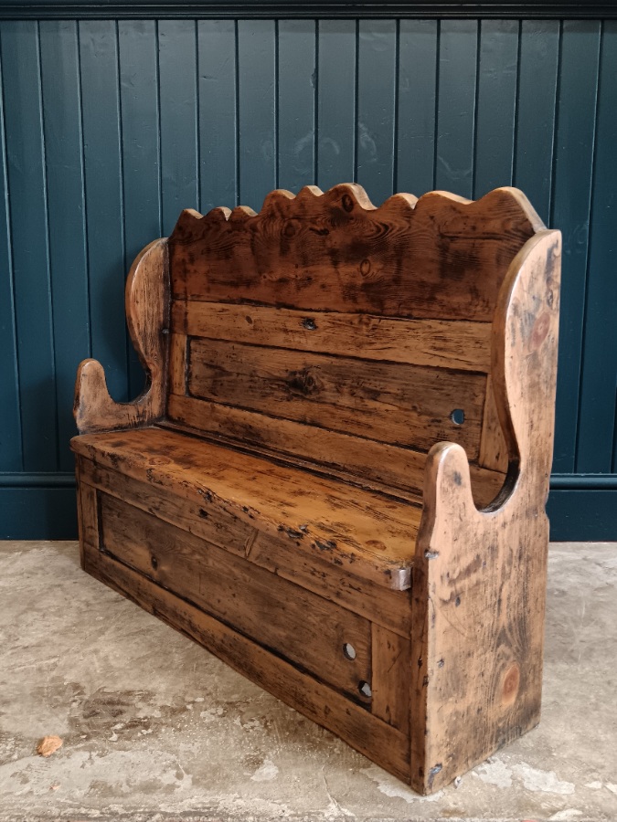 Slim Antique Country Pine Elm Settle Hall Bench (4).jpg